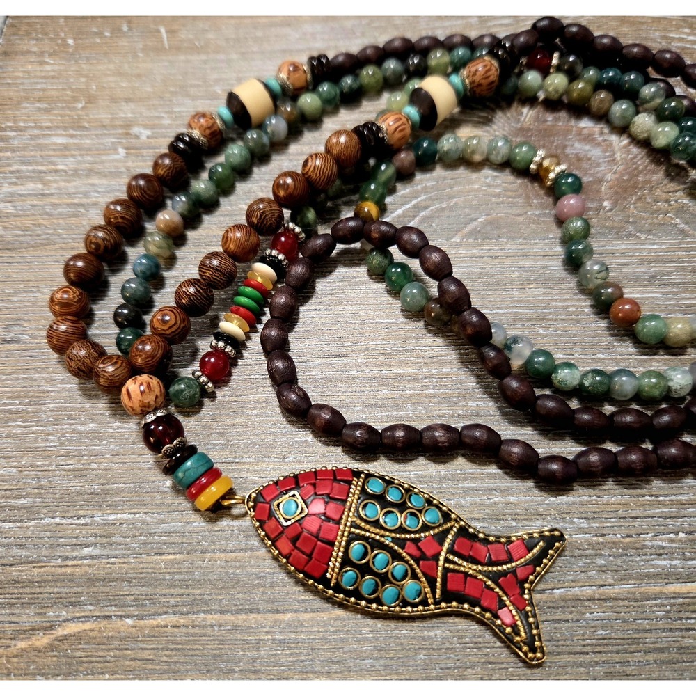 A pair of wooden and stone beaded Boho necklaces - Neutrals with bold accents